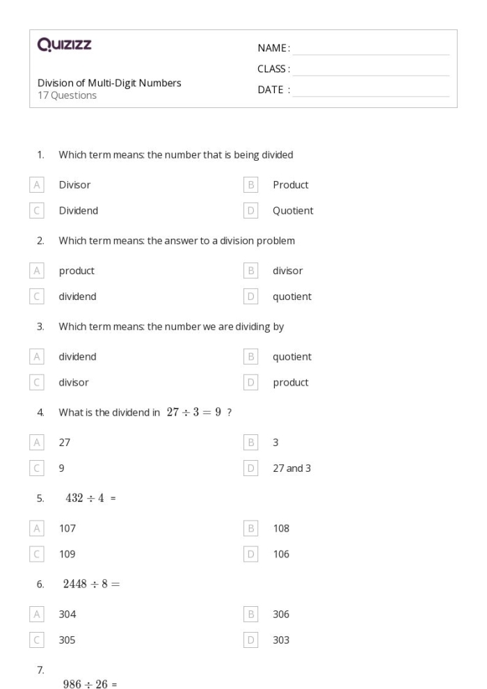 Math Review worksheet featuring multi-digit division exercises for fifth graders