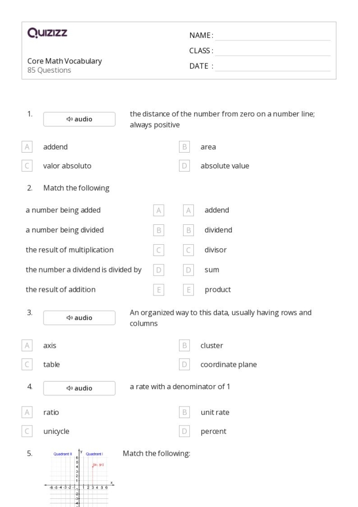 Math Review worksheet featuring multi-digit division problems for fifth graders