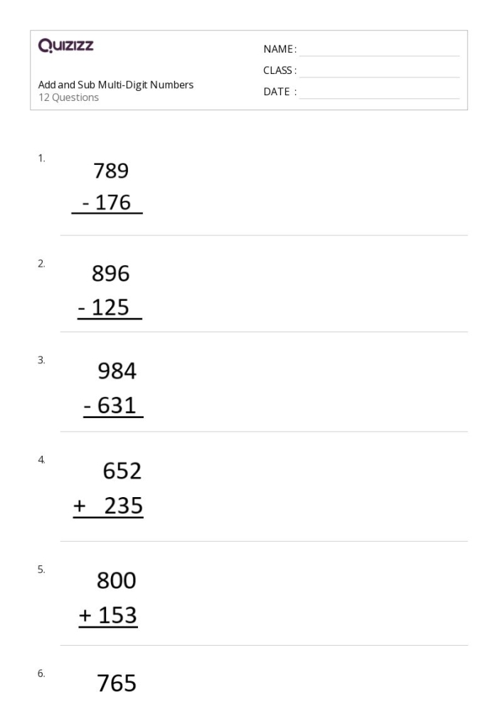 Fifth grade math worksheet featuring multi-digit division practice problems for students