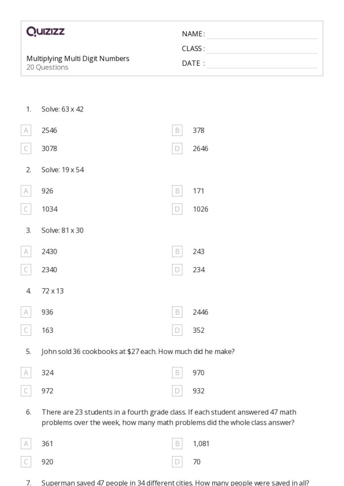 Worksheet featuring various multi-digit multiplication problems for fifth graders