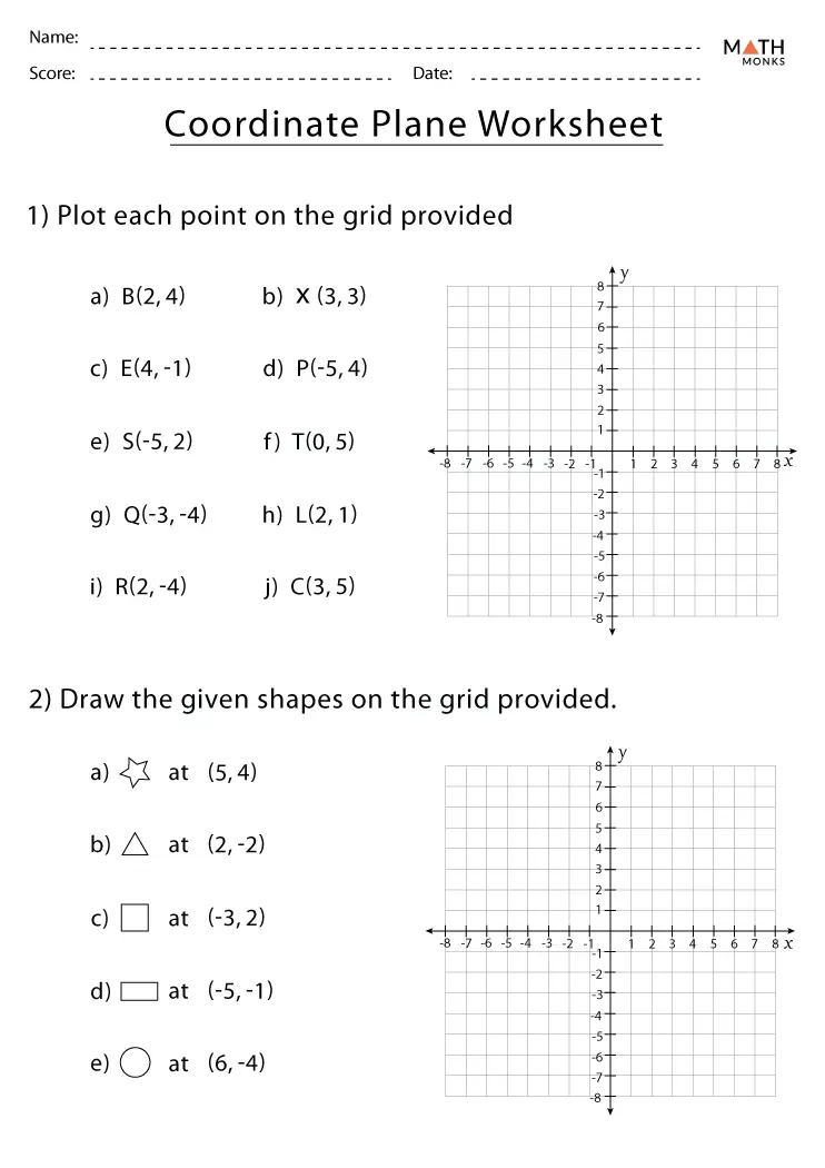 Fifth grade student worksheet for plotting points on an XY coordinate plane to practice multiplication skills