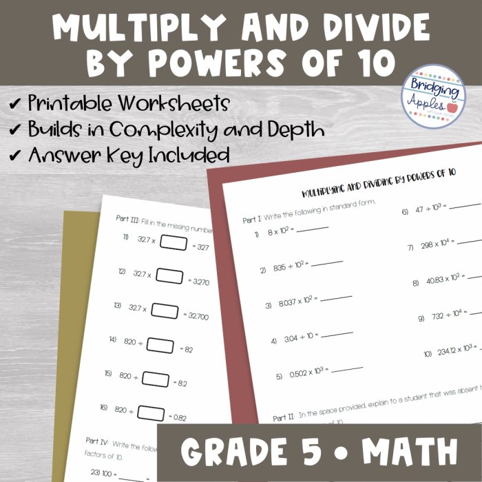 Worksheet featuring exercises on multiplying and dividing with powers of 10 for fifth graders