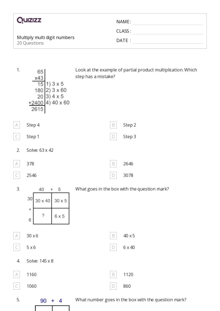 Fifth grade math worksheet featuring a variety of multi-digit multiplication problems for students to solve