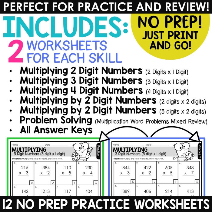 Worksheet for practicing multiplication of multi-digit numbers for fifth graders