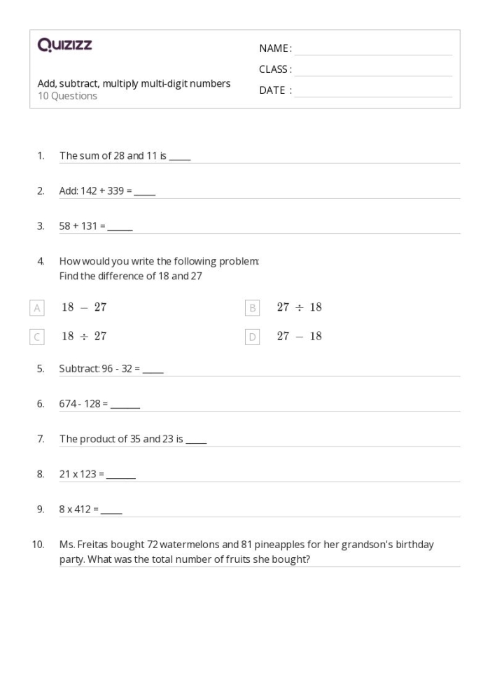 Fifth grade student completing a worksheet with a series of multi-digit multiplication problems