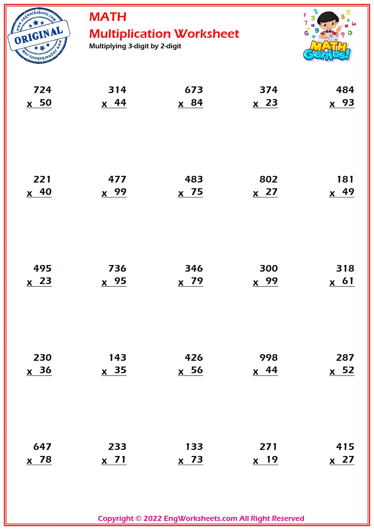 Worksheet for practicing three-digit by two-digit multiplication for fifth graders