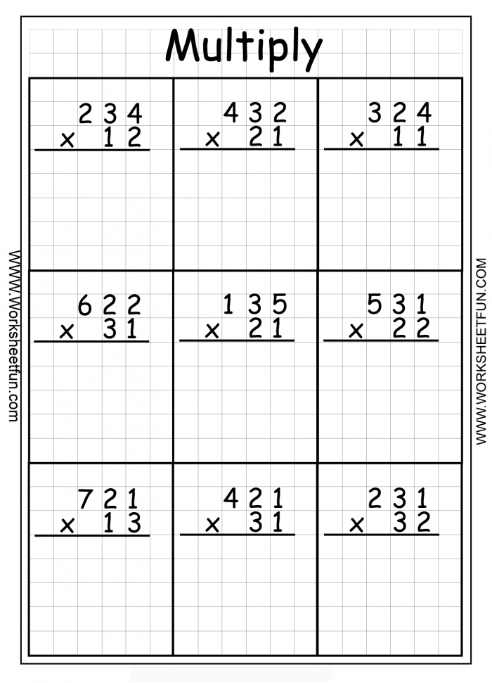 Fifth grade math worksheet featuring a series of 3-digit by 2-digit multiplication problems