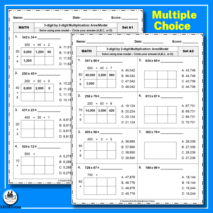 Fifth grade student practicing 3-digit by 2-digit multiplication problems on a worksheet