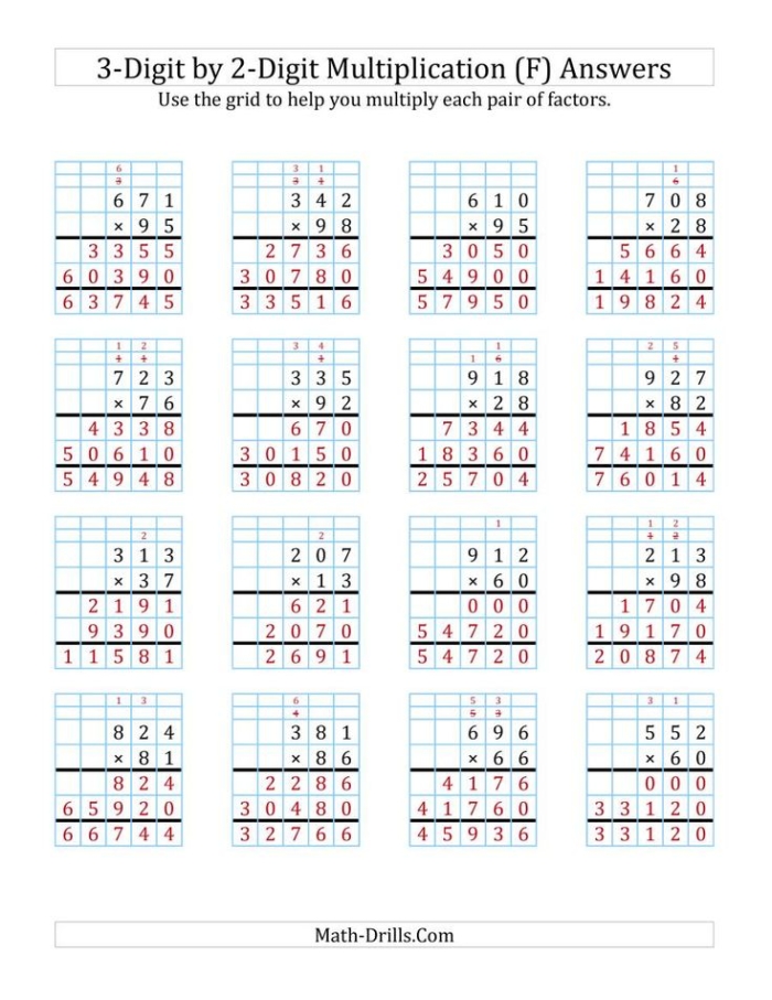 Worksheet featuring 3-digit by 2-digit multiplication problems for fifth graders