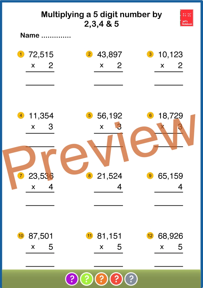 Worksheet featuring various multi-digit multiplication problems for fifth graders