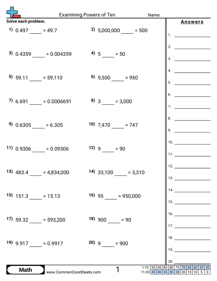 Fifth-grade worksheet illustrating the multiplication and division of numbers by powers of 10