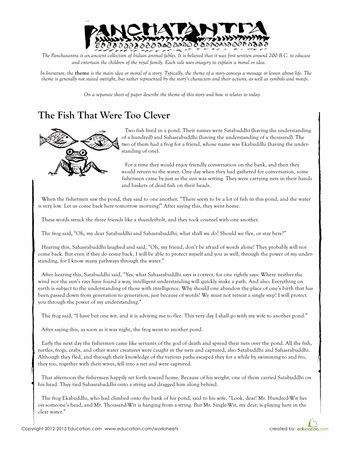 Multiplication worksheet for Fifth Grade Worksheet featuring the Panchatantra story "The Fish That Were Too Clever" for fifth graders' multiplication practice. Educational illustration related to the theme identification of a classic fable.