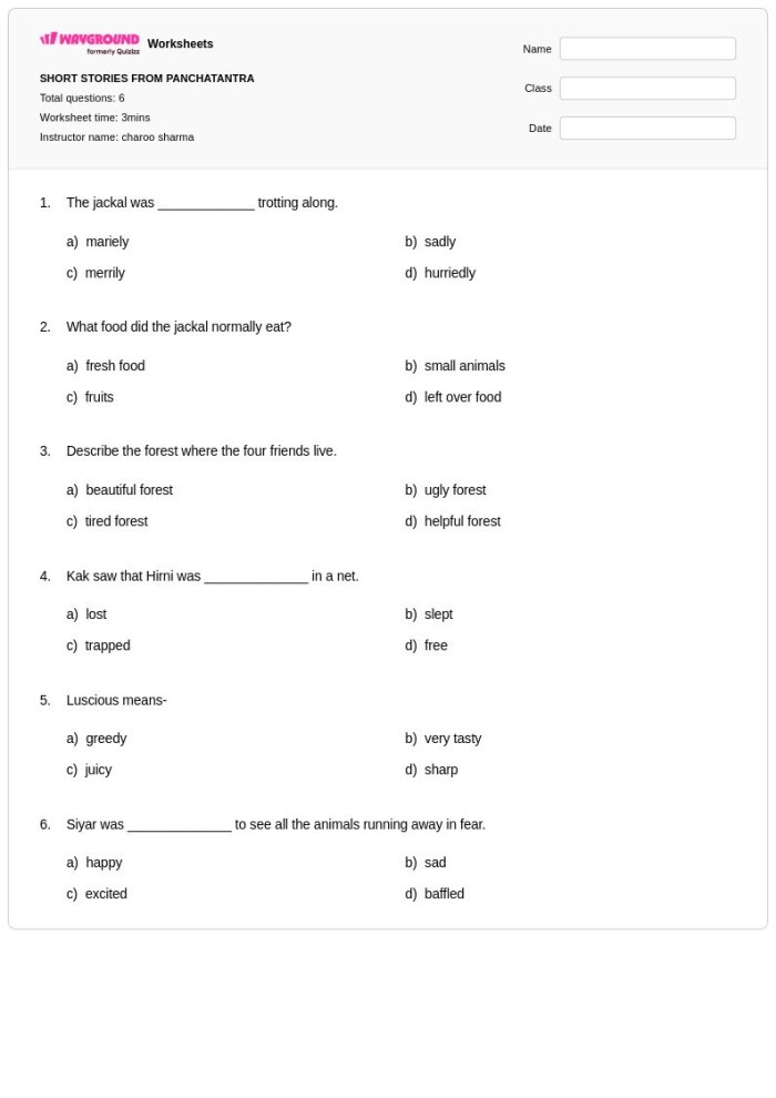 Worksheet image illustrating the theme of the Panchatantra fable for fifth graders Children engaging with the Panchatantra story about clever fish in a multiplication worksheet