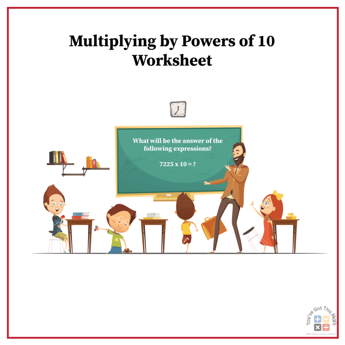 Worksheet for multiplying and dividing by powers of 10, featuring decimals and exponents