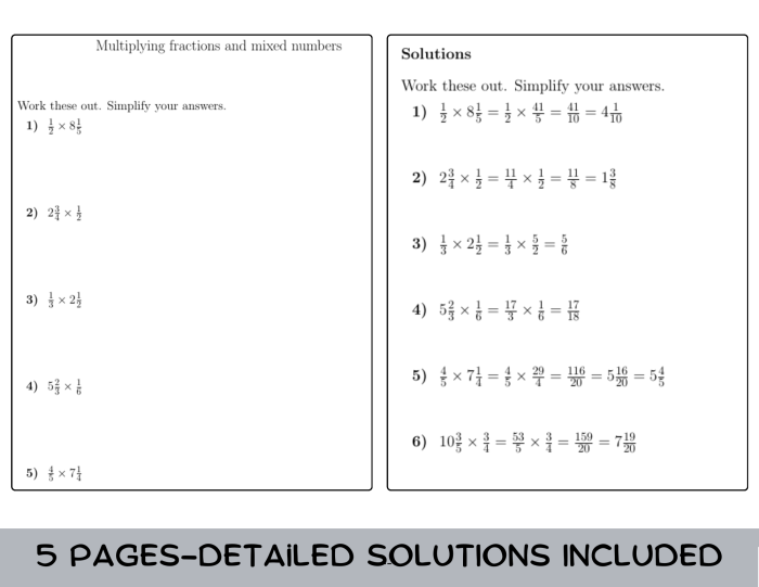 Fifth grade math worksheet showing practice problems for multiplying mixed numbers together with step-by-step examples
