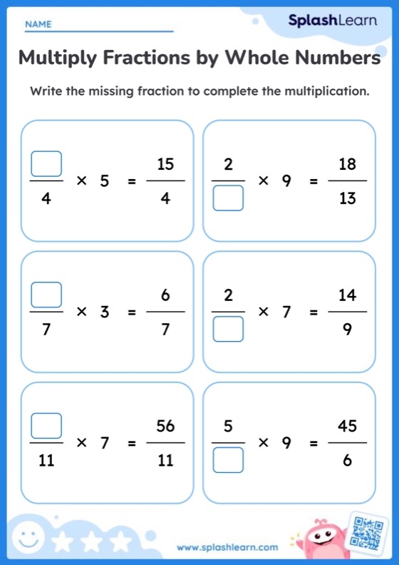 Fifth grade math worksheet showing multiplication problems with whole numbers and fractions for students to solve