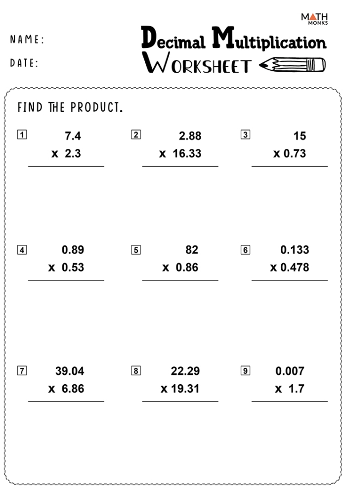Fifth grade worksheet for practicing multiplying decimals in time and money problems