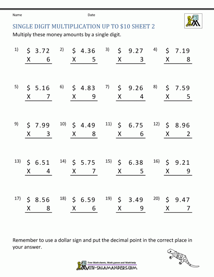 Fifth grade student practicing multiplying decimals on a worksheet about time and money