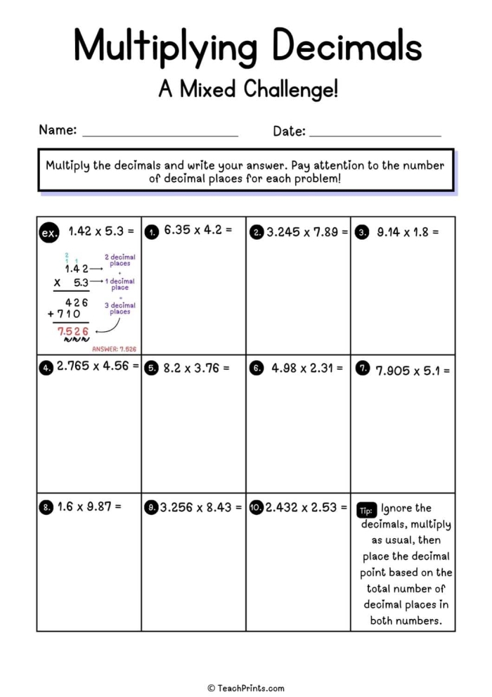 Multiplying Decimals Practice for Fifth Grade Students Worksheet featuring steps for multiplying decimals and related word problems