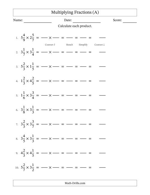 Fifth grade student working on a multiplying fractions by fractions worksheet