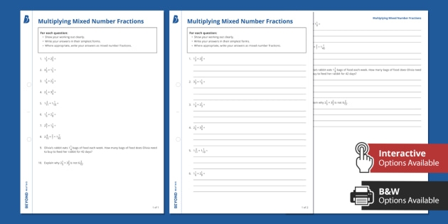 Fifth grade math worksheet showing problems for multiplying mixed numbers by proper fractions with step-by-step examples