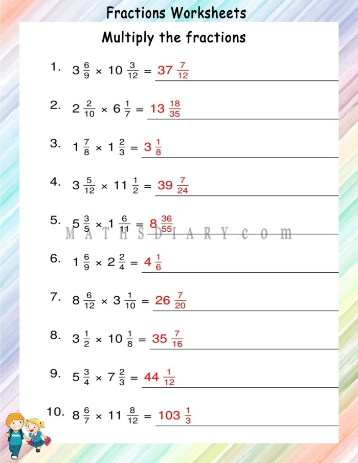Fifth grade math worksheet showing problems for multiplying mixed numbers by proper fractions with visual fraction models and step-by-step examples