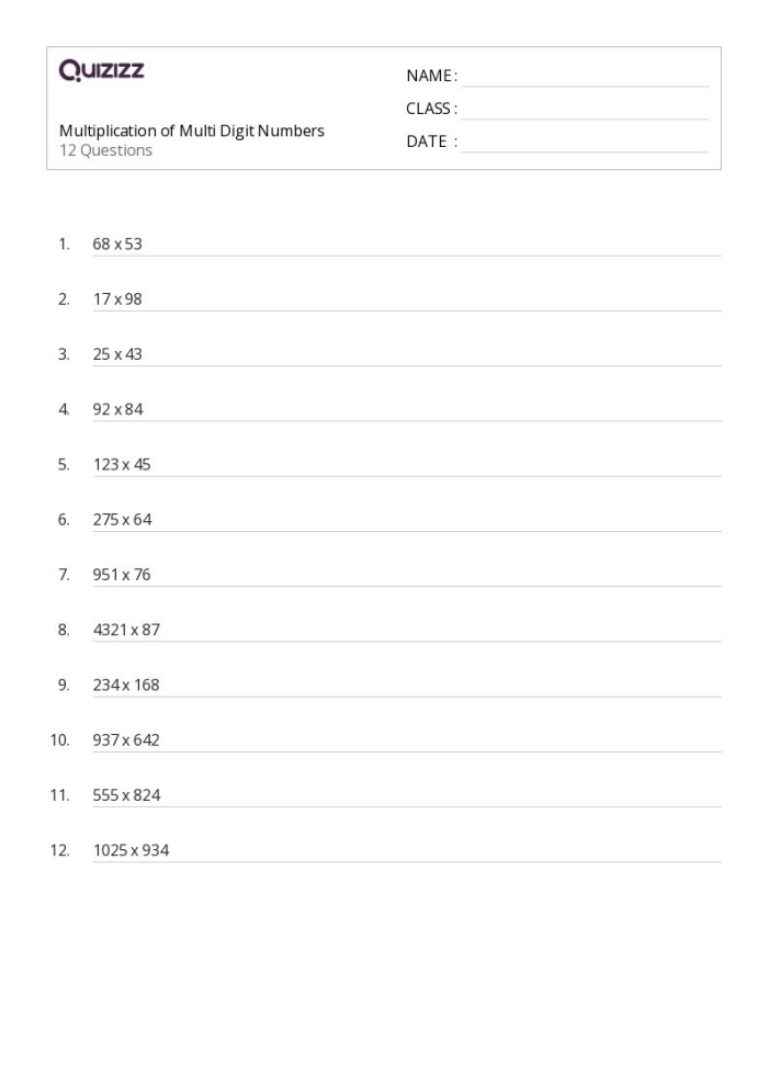 Fifth grade math worksheet featuring a variety of multi-digit multiplication problems for students to solve