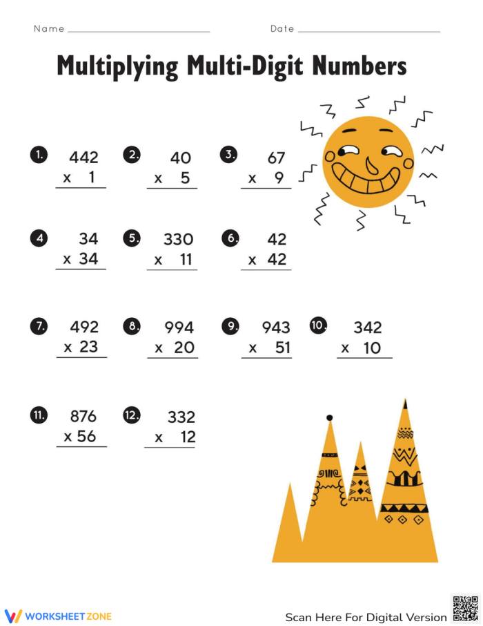 Worksheet for practicing multiplication of multi-digit numbers for fifth graders