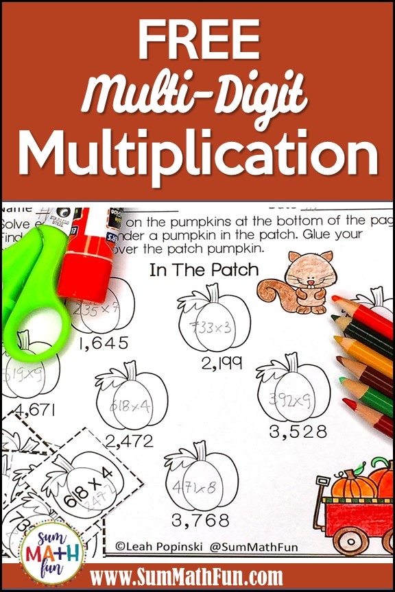 Worksheet featuring various equations for multiplying multi-digit numbers for fifth-grade students