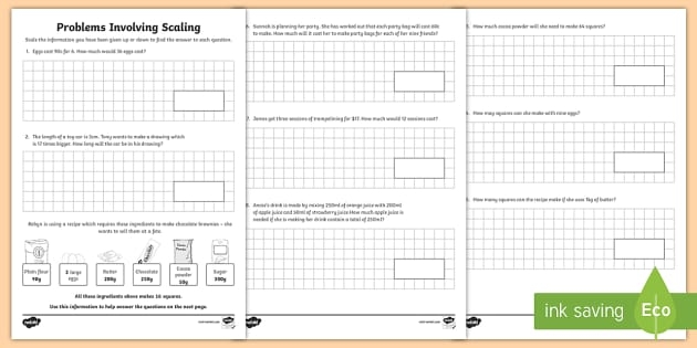 Scaling Practice Worksheet for Grade 5 Math Measurement Lesson 7 Fifth grade students practicing multiplying whole numbers by fractions on a scaling worksheet