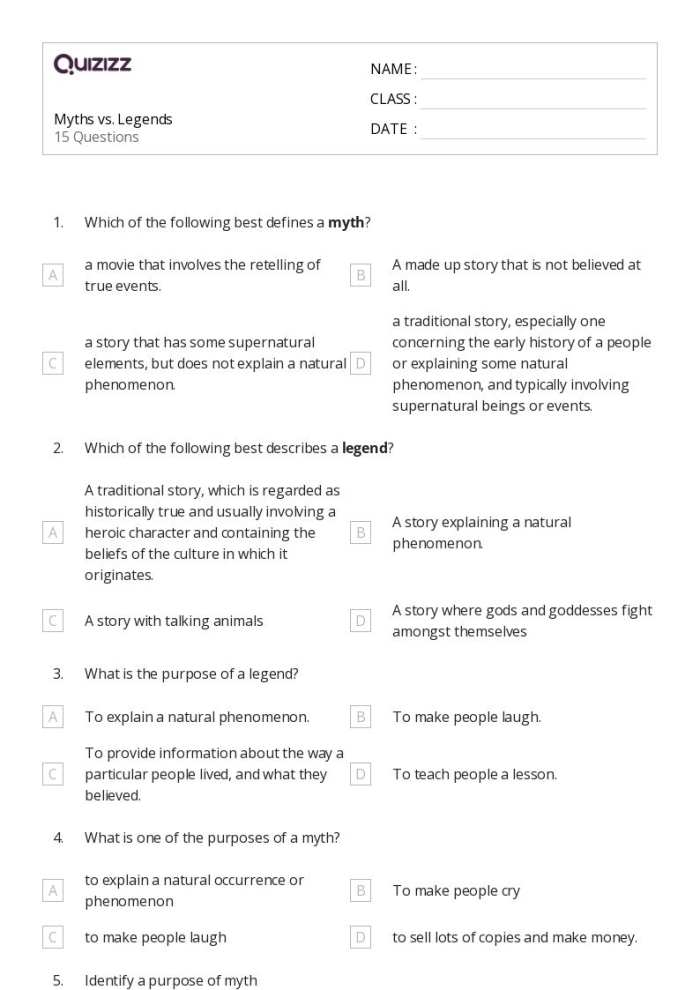 Worksheet image for comparing and contrasting different cultural myths A fifth-grade worksheet for comparing and contrasting myths from various cultures