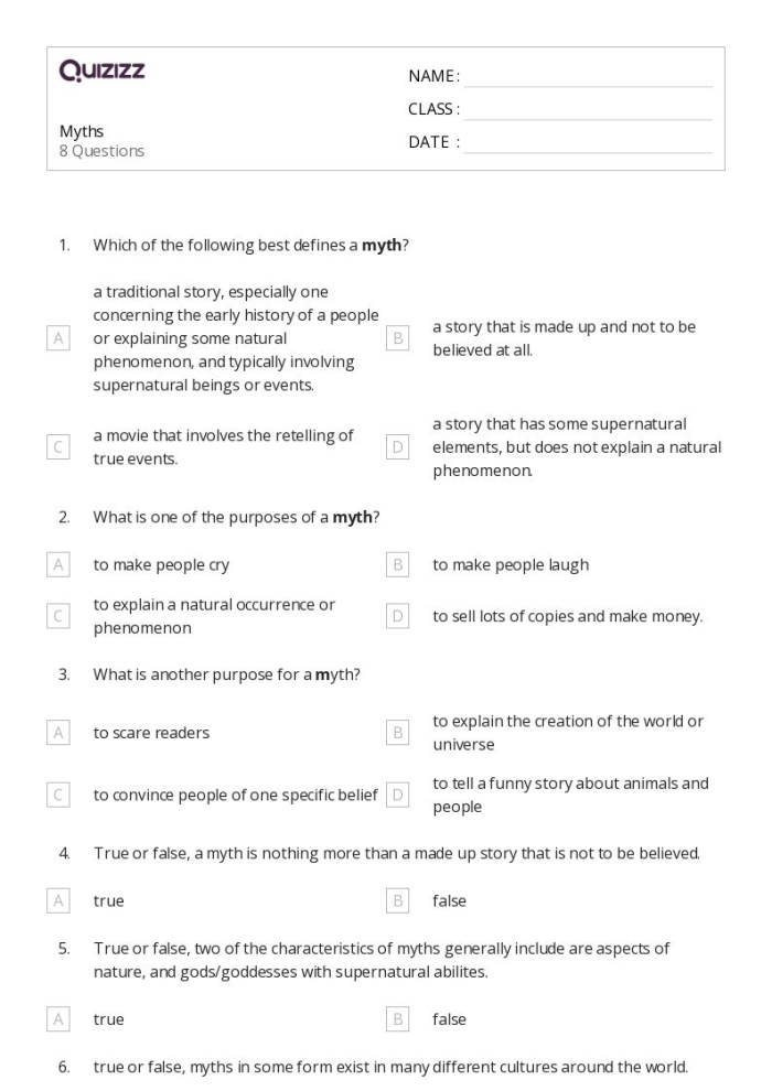 Reading worksheet for Fifth Grade Worksheet for comparing and contrasting myths from diverse cultures for fifth graders. Compare and Contrast Myths worksheet for engaging reading activities.