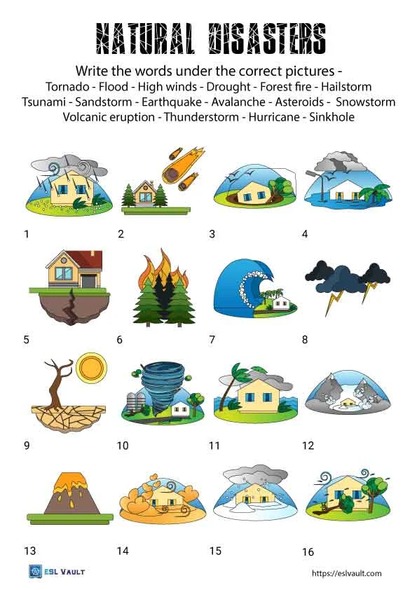 Educational resource for understanding natural disasters and their impacts Worksheet illustrating the causes and effects of natural disasters for fifth graders