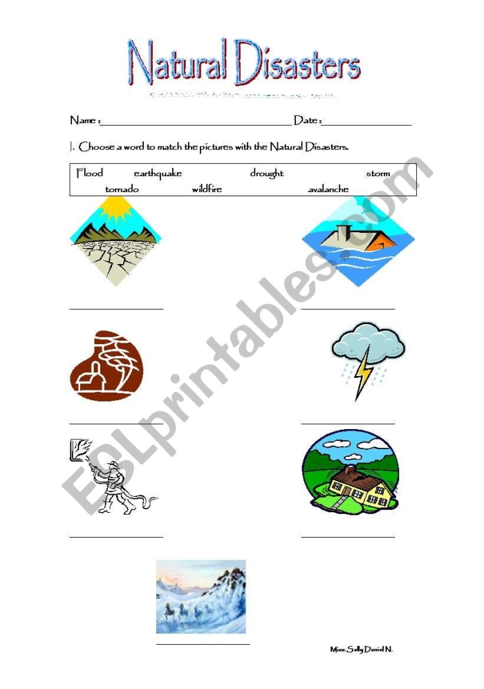 Educational resource for learning about natural disasters and their impacts Worksheet illustrating causes and effects of natural disasters for fifth graders