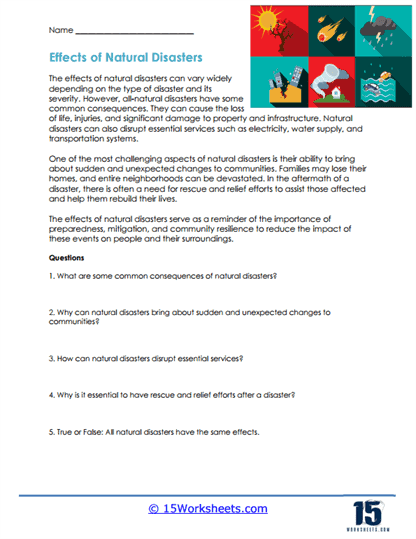 Interactive learning tool for understanding natural disaster impacts Worksheet showcasing causes and effects of natural disasters for fifth graders