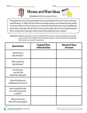 Fifth-grade students engaging with a Movies and Main Ideas worksheet focused on nonfiction text analysis