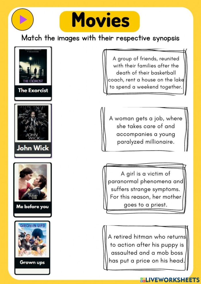 Movies and Main Ideas worksheet for fifth graders focusing on nonfiction text comprehension