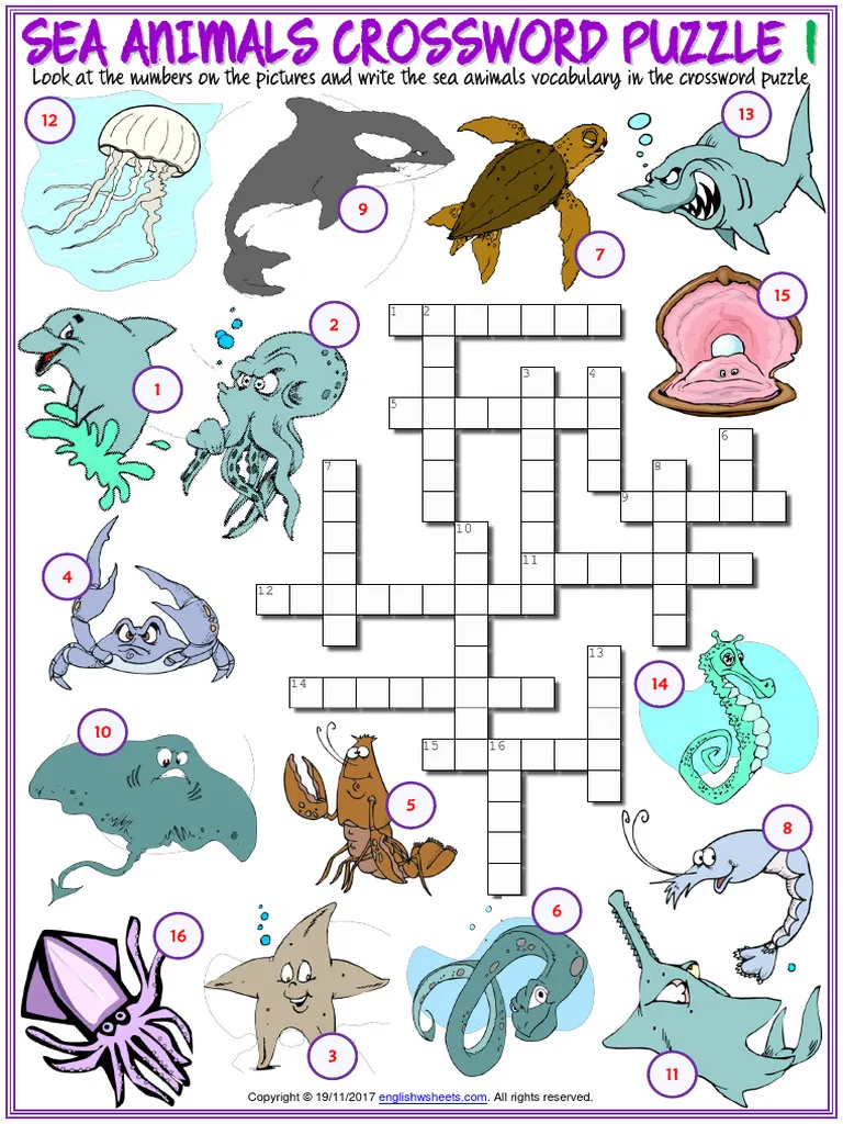 Fifth grade students solving an ocean animals crossword puzzle about sea creatures