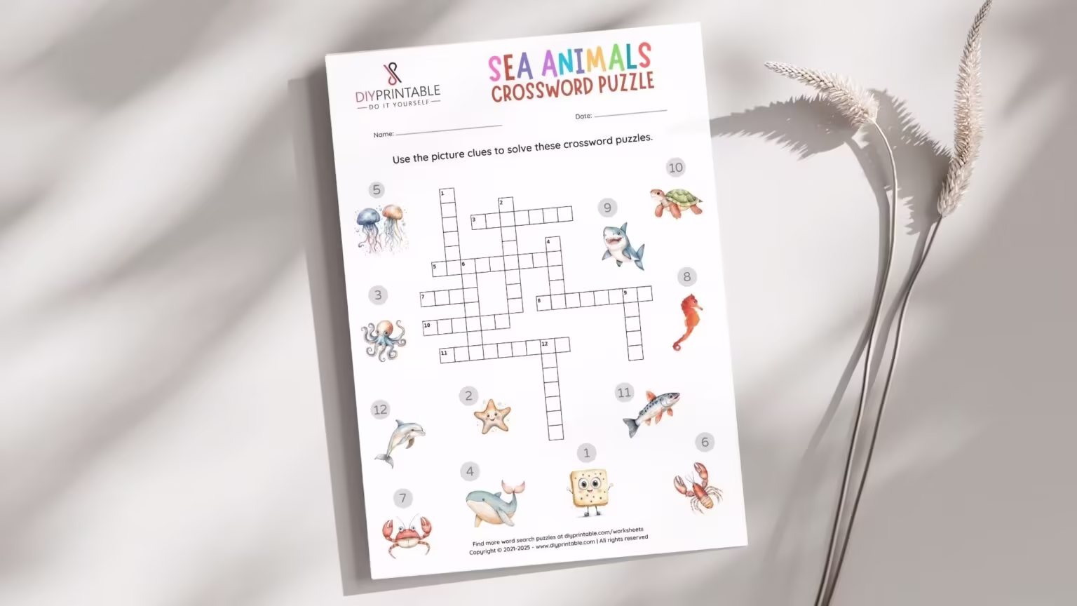Crossword puzzle featuring various ocean animals for fifth graders