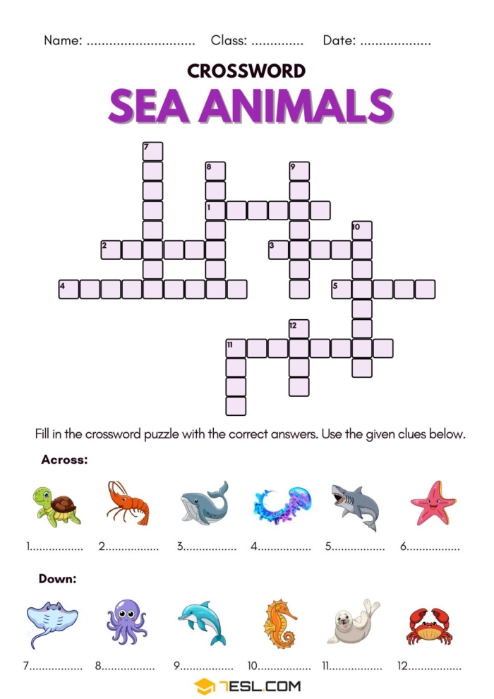 Fifth grade ocean animals crossword puzzle worksheet featuring sea life clues