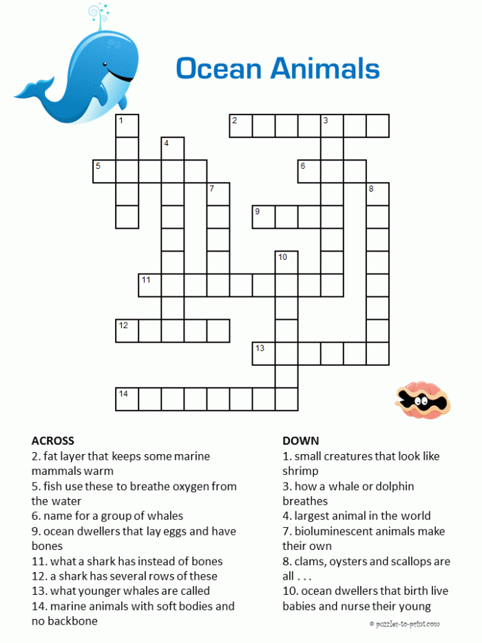 Fifth grade life science worksheet featuring an ocean animals crossword puzzle