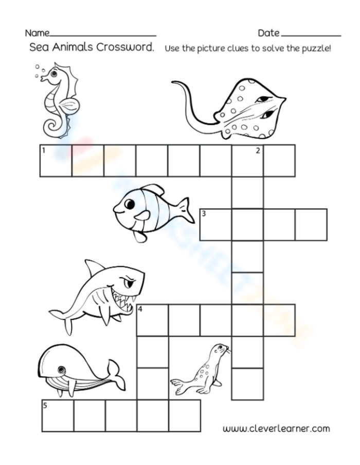 Fifth grade life science worksheet featuring an ocean animals crossword puzzle for students to solve