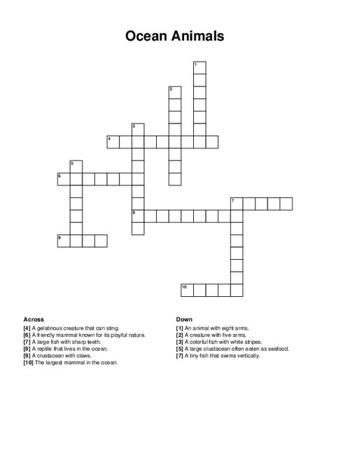 Fifth grade ocean animals crossword puzzle worksheet featuring sea life clues