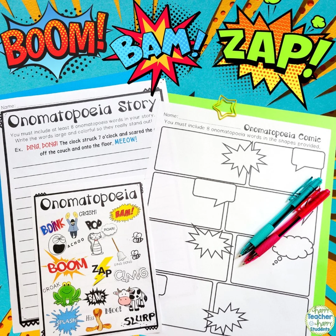 Fifth grade grammar worksheet showing a word search puzzle with comic book sound effect words like pow, bang, and crash for teaching onomatopoeia