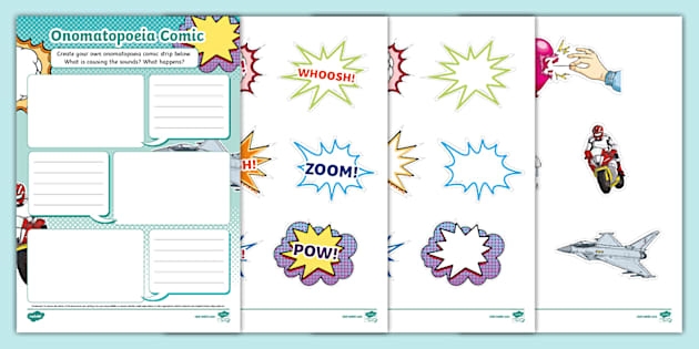 ALT: Fifth grade grammar worksheet featuring a word search puzzle with comic book onomatopoeia words like pow, bang, and boom hidden in a grid