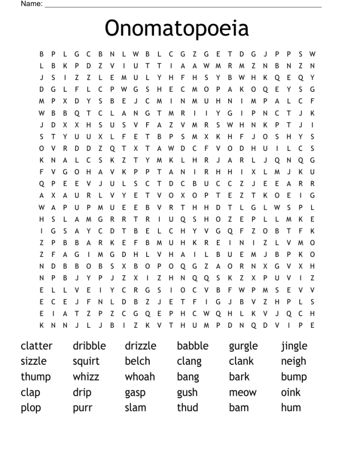 Animal Sounds in Other Languages: Onomatopoeia Word Search for Fifth Grade Students Worksheet featuring a word search for animal sounds in various languages using onomatopoeia