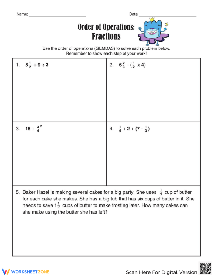 Practice worksheet for solving fractional expressions using PEMDAS rules Fifth grade math worksheet showing order of operations problems with fractions and step-by-step solutions