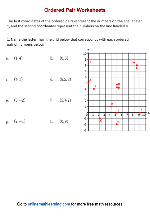 Fifth grade math student completing an ordered pairs worksheet on a coordinate plane grid