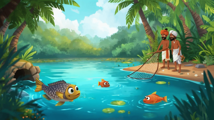 Educational resource titled "The Fish That Were Too Clever" for multiplication practice Worksheet for fifth graders featuring the Panchatantra fable about clever fish