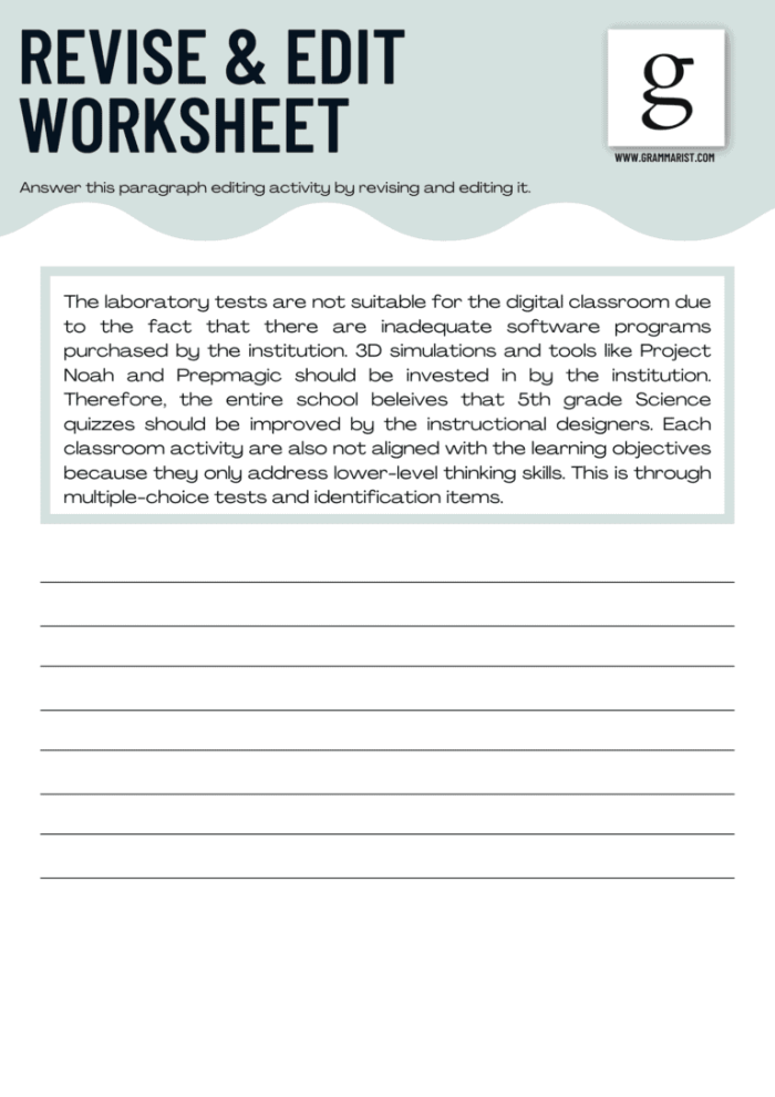 Fifth grade students editing a Victorian love letter on a paragraph editing worksheet for grammar and mechanics practice